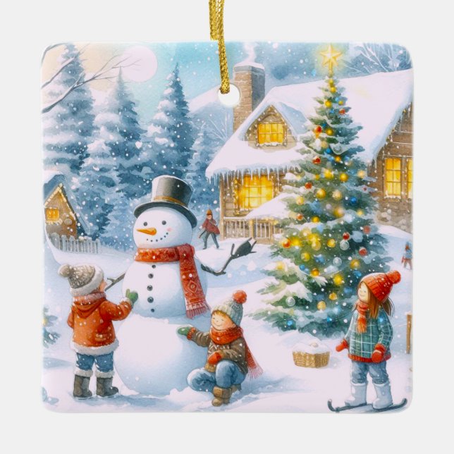 Retro Christmas Snowman  Ceramic Ornament (Front)