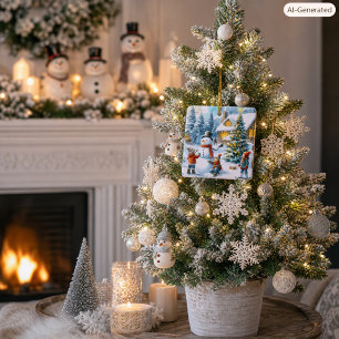 Retro Christmas Snowman Ceramic Ornament