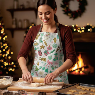 Retro Christmas Snowman Reindeer Doodles Apron