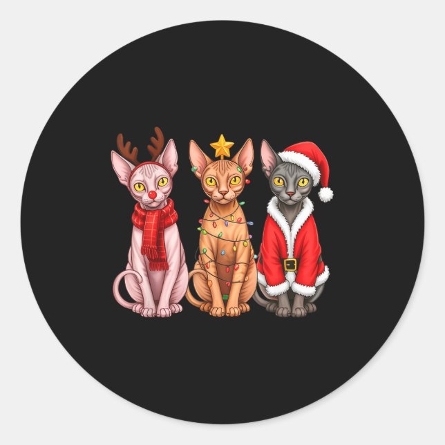 Retro Christmas Sphynx Cat Santa Reindeer  Classic Round Sticker (Front)