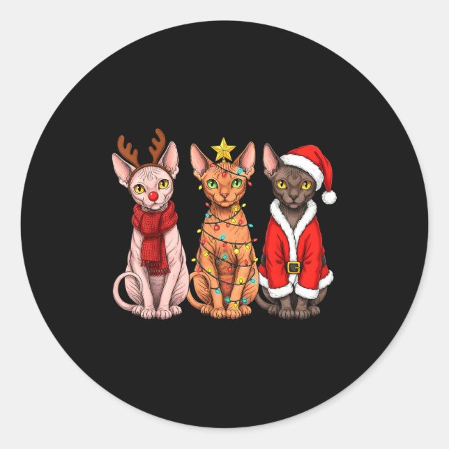 Retro Christmas Sphynx Cat Santa Reindeer  Classic Round Sticker (Front)