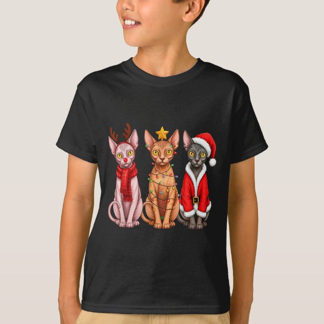 Retro Christmas Sphynx Cat Santa Reindeer  T-Shirt (Front)