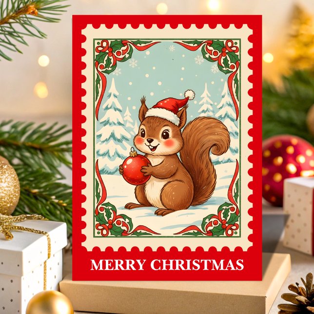 Retro Christmas Squirrel Postage Stamp Holiday Card (Creator Uploaded)