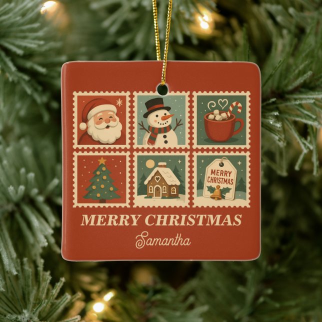 Retro Christmas Stamp Collage Ceramic Ornament (Tree)