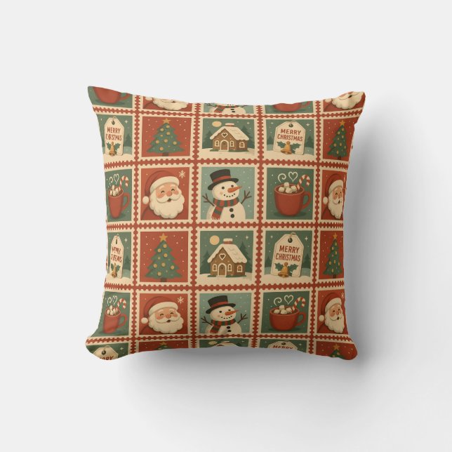Retro Christmas Stamp Collage Cushion (Front)