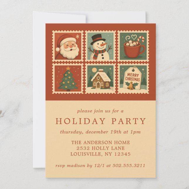 Retro Christmas Stamp Collage Holiday Party Invitation (Front)