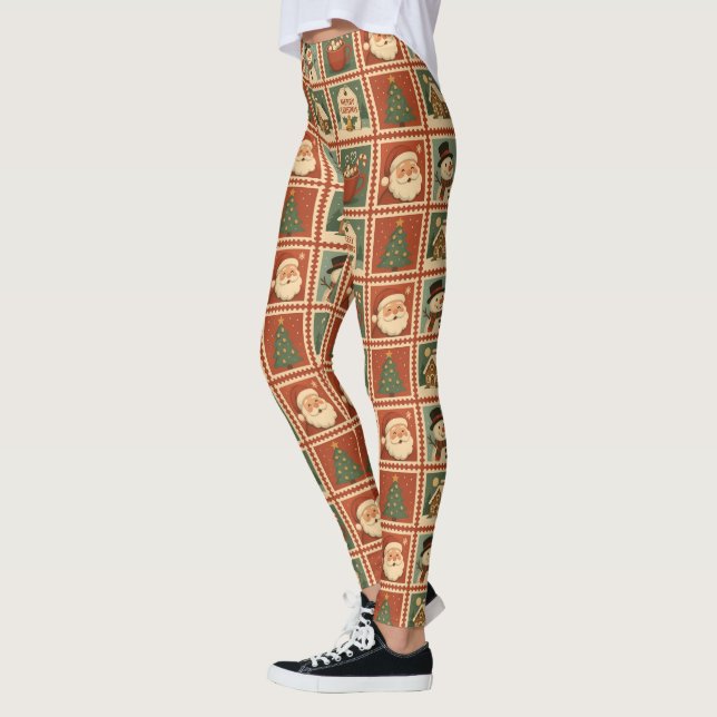 Retro Christmas Stamp Collage Leggings (Left)
