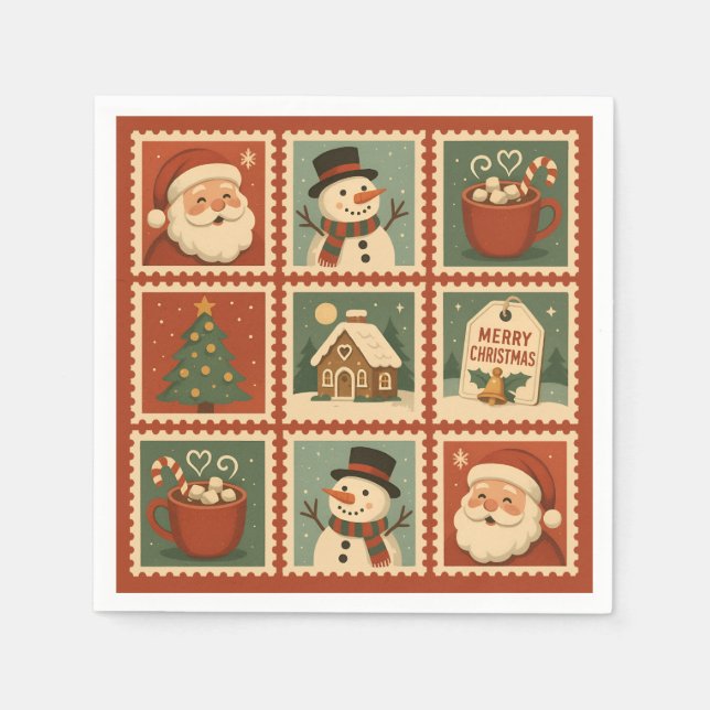 Retro Christmas Stamp Collage Napkin (Front)