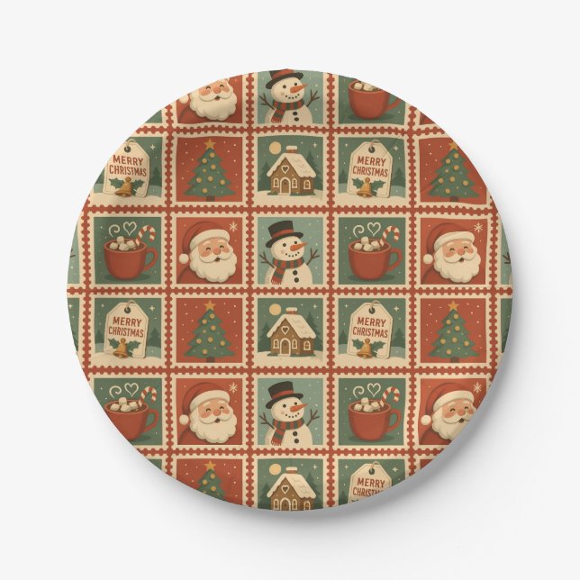 Retro Christmas Stamp Collage Paper Plate (Front)