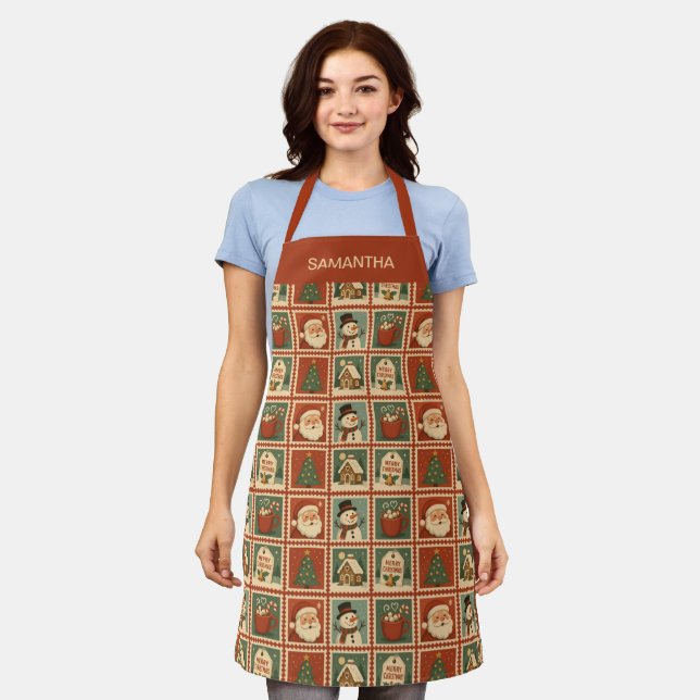 Retro Christmas Stamp Collage Personalised Apron (Worn)