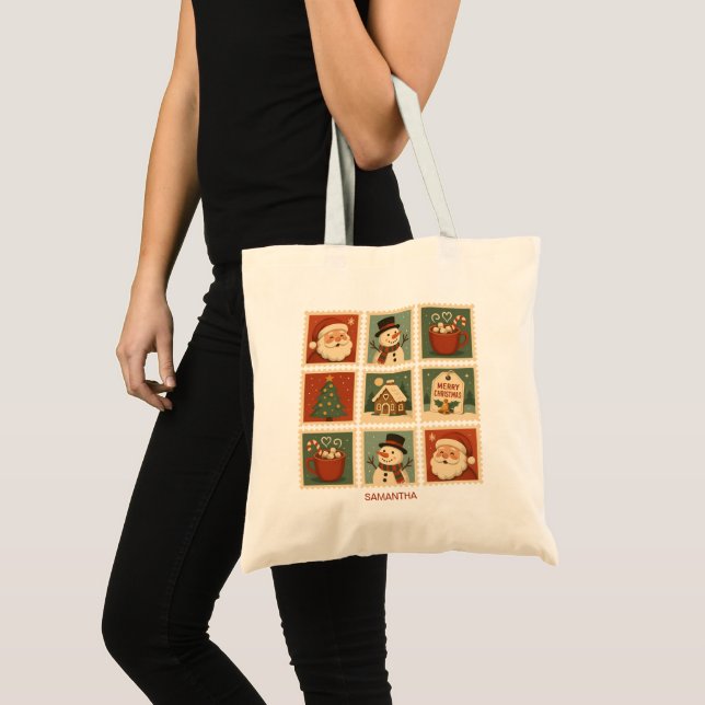 Retro Christmas Stamp Collage Personalised Tote Bag (Front (Product))