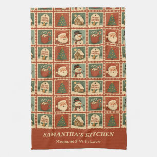 Retro Christmas Stamp Collage Tea Towel