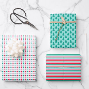 Retro Christmas Stars, Trees, Stripes Wrapping Paper Sheet