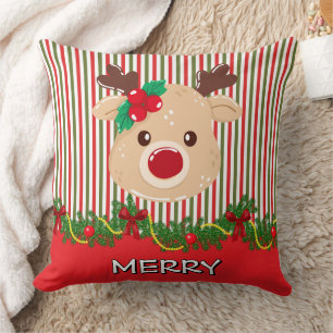 Retro Christmas Stripe Pattern & Reindeer Custom Cushion
