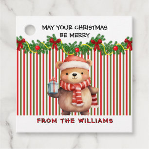 Retro Christmas Stripe Pattern & Teddy Bear Custom Favour Tags