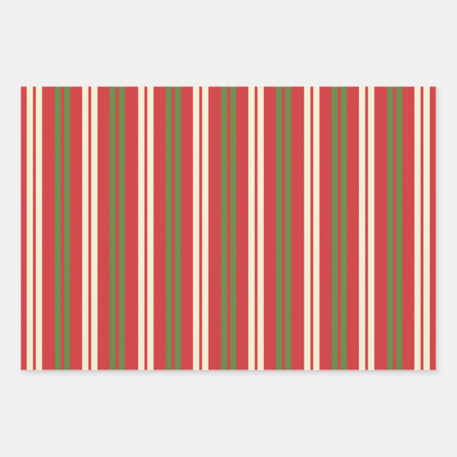 Retro Christmas Stripes in Olive Green, Red, Cream Wrapping Paper Sheet (Front)
