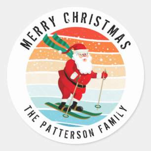 Retro Christmas Sunset Skiing Santa Personalised Classic Round Sticker