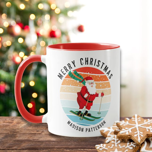 Retro Christmas Sunset Skiing Santa Personalised Mug (Creator Uploaded)