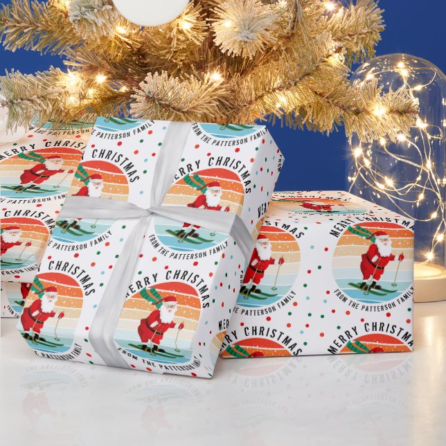 Retro Christmas Sunset Skiing Santa Personalised S Wrapping Paper (Holidays)