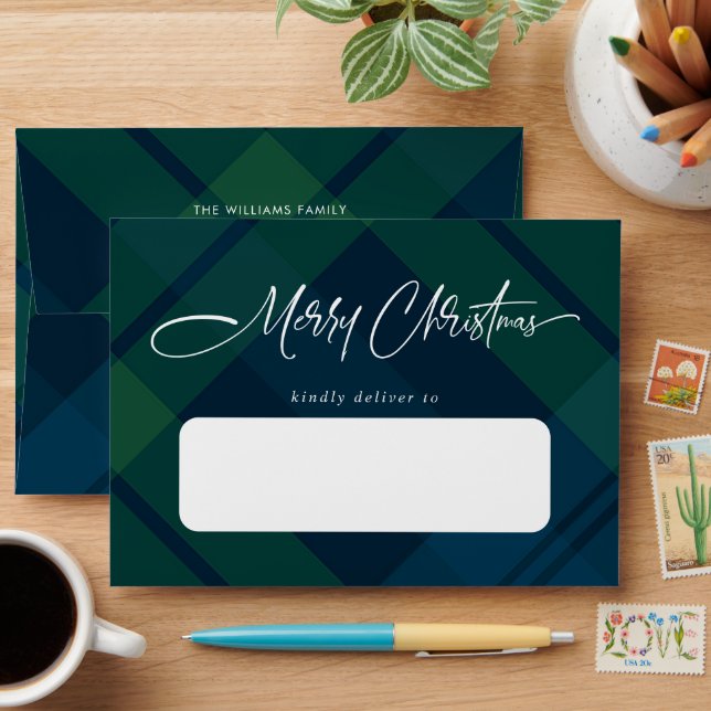 Retro Christmas Tartan Green Blue Plaid Envelope (Desk)