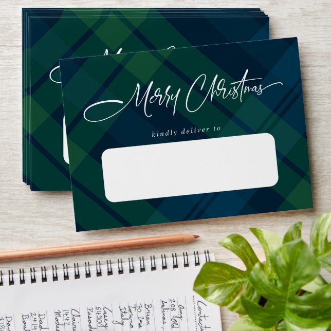 Retro Christmas Tartan Green Blue Plaid Envelope (Stacked)