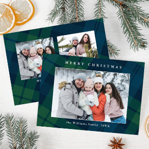 Retro Christmas Tartan Plaid 3 Photo Greeting Holiday Card