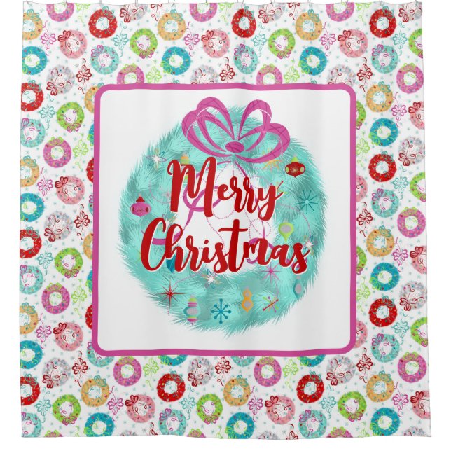 Retro Christmas Teal Wreath Shower Curtain (Front)
