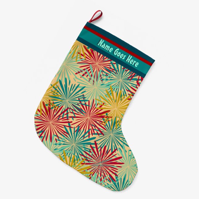 Retro Christmas Tinsel PomPoms (Personalised) Large Christmas Stocking (Front (Hanging))