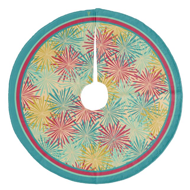 Retro Christmas Tinsel PomPoms (Tropical Colours) Fleece Tree Skirt (Front)