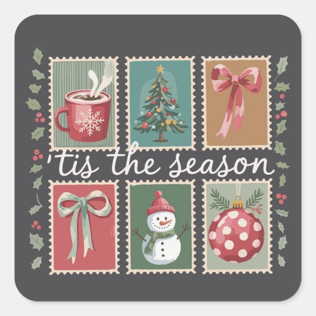 Retro Christmas Tis The Season Cosy Winter Santa  Square Sticker (Front)