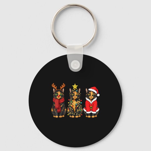 Retro Christmas Tortoiseshell Cat Santa Reindeer  Key Ring (Front)