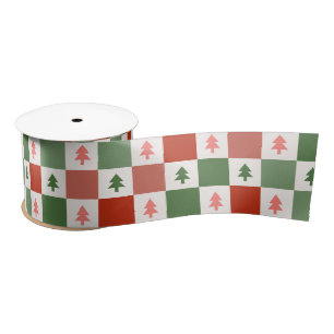 Retro Christmas Tree Chequerboard Holiday Pattern Satin Ribbon