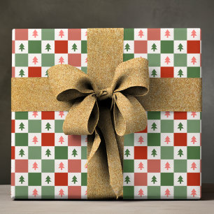Retro Christmas Tree Chequerboard Holiday Pattern Wrapping Paper