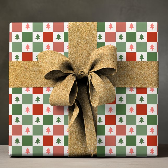 Retro Christmas Tree Chequerboard Holiday Pattern Wrapping Paper (Creator Uploaded)