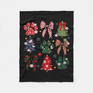 Retro Christmas Tree Coquette Bow Dog Paws Xmas Pa Fleece Blanket