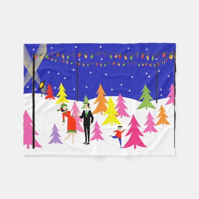 Retro Christmas Tree Farm Fleece Blanket (Front (Horizontal))