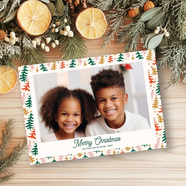 Retro Christmas Tree Holiday Family Photo Card (Retro Christmas Trees Holiday Photo card)
