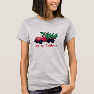 Retro Christmas Tree on Red Truck Shirt Women's