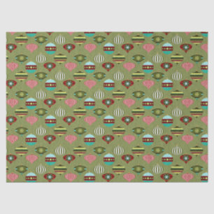 Retro Christmas Tree Ornaments on Green Decoupage Tissue Paper