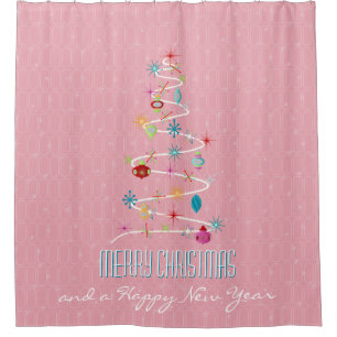 Retro Christmas Tree Pink Christmas Shower Curtain