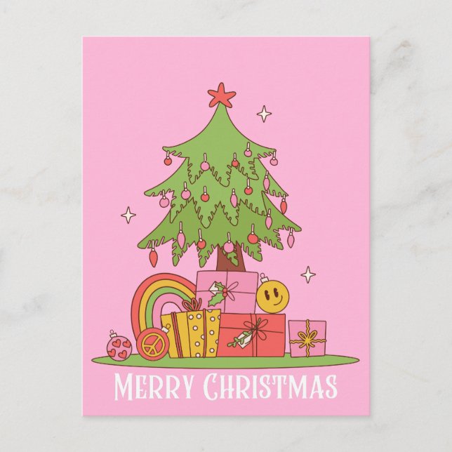 Retro Christmas Tree PInk Holiday Postcard (Front)