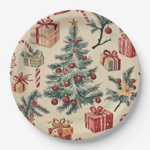 Retro Christmas Tree Red Green Cream Holiday Paper Plate