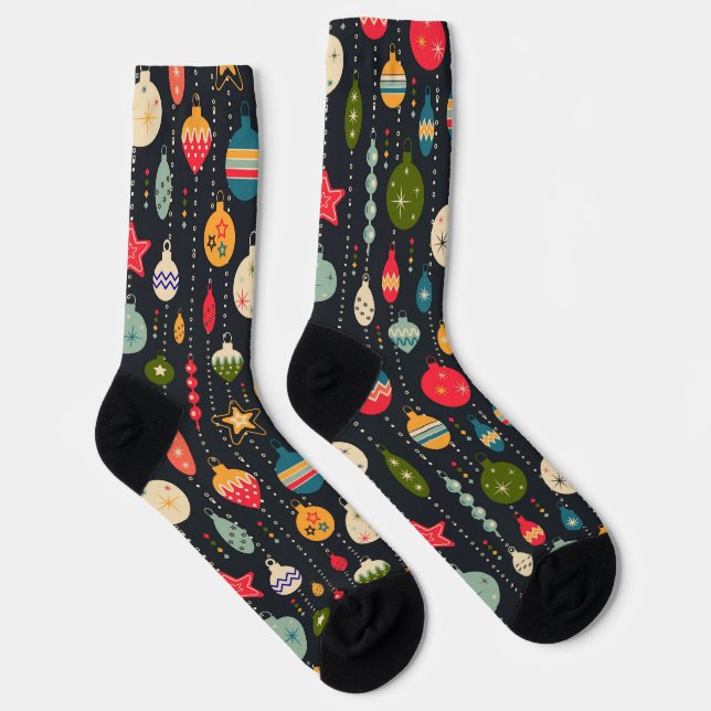 Retro Christmas tree toys on black Socks (Right)