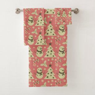 Retro Christmas trees holly berry star candy cane Bath Towel Set