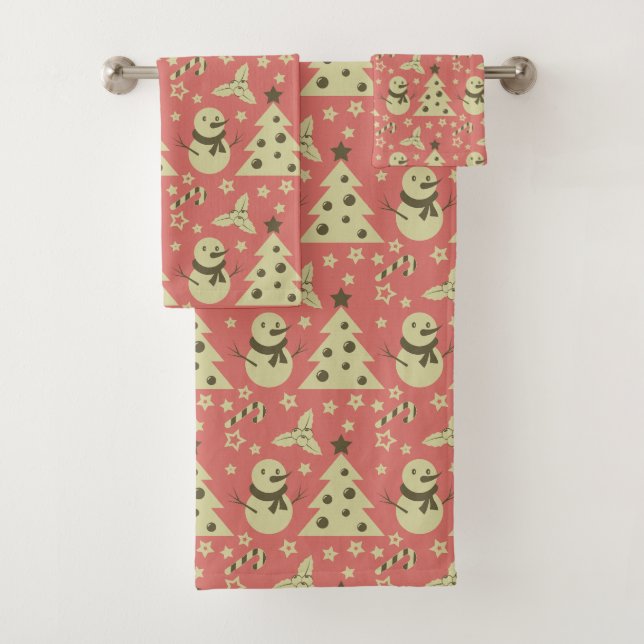 Retro Christmas trees holly berry star candy cane  Bath Towel Set (Insitu)