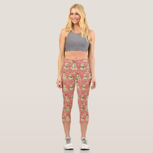 Retro Christmas trees holly berry star candy cane  Capri Leggings