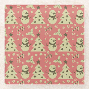 Retro Christmas trees holly berry star candy cane Glass Coaster