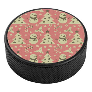 Retro Christmas trees holly berry star candy cane Hockey Puck
