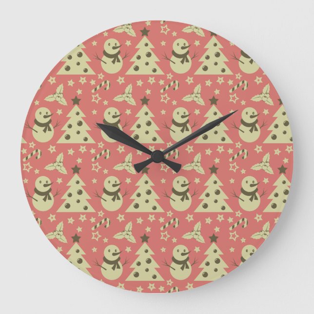 Retro Christmas trees holly berry star candy cane  Large Clock (Front)