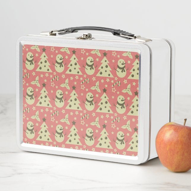 Retro Christmas trees holly berry star candy cane  Metal Lunch Box (In Situ)